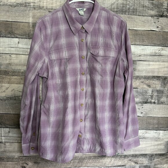 Duluth Trading Co Shirt Womens L Button Up Purple Plaid Chest Pockets Outdoors - Picture 1 of 9